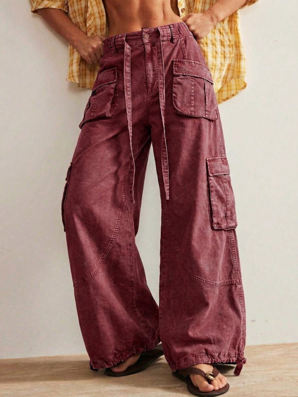 Burgundy Casual Women's Woven Loose Drawstring Waist Low-Rise Wide Leg Pants - Picture 5 of 10